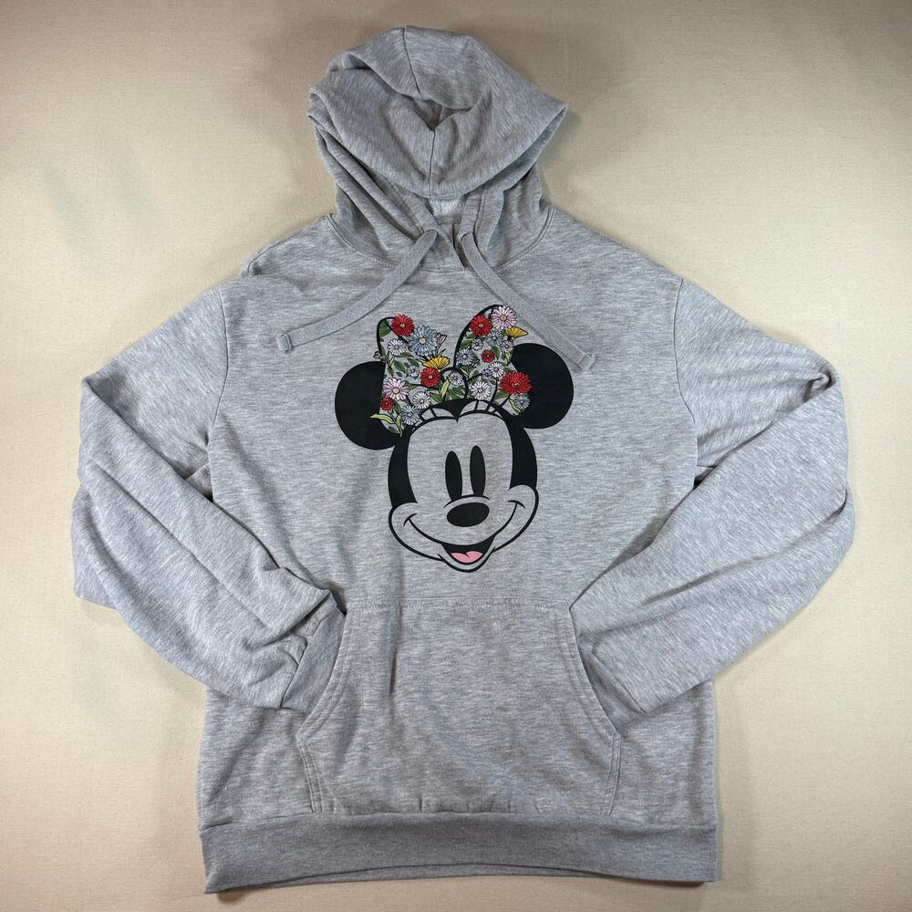 Disney Minnie Mouse Floral Bow Pullover Hoodie Heather Grey Size LG